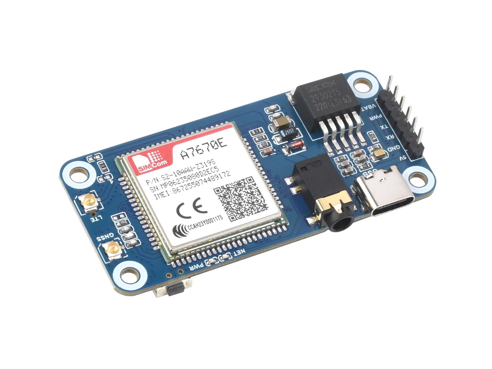 Шляпа Cat-1/GSM/GPRS/GNSS для Raspberry Pi, на базе модуля A7670E, поддержка LTE Cat-1/2G, позиционирование GNSS — фото 2
