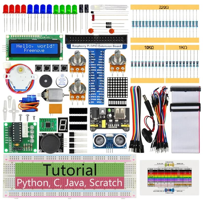 Ультразвуковой стартовый комплект Freenove для Raspberry Pi 5 4 B 3 B+ 400 Zero 2 W, подробное руководство на 820 страниц, код обработки царапин Java на Python C, 171 элемент, 108 проектов
