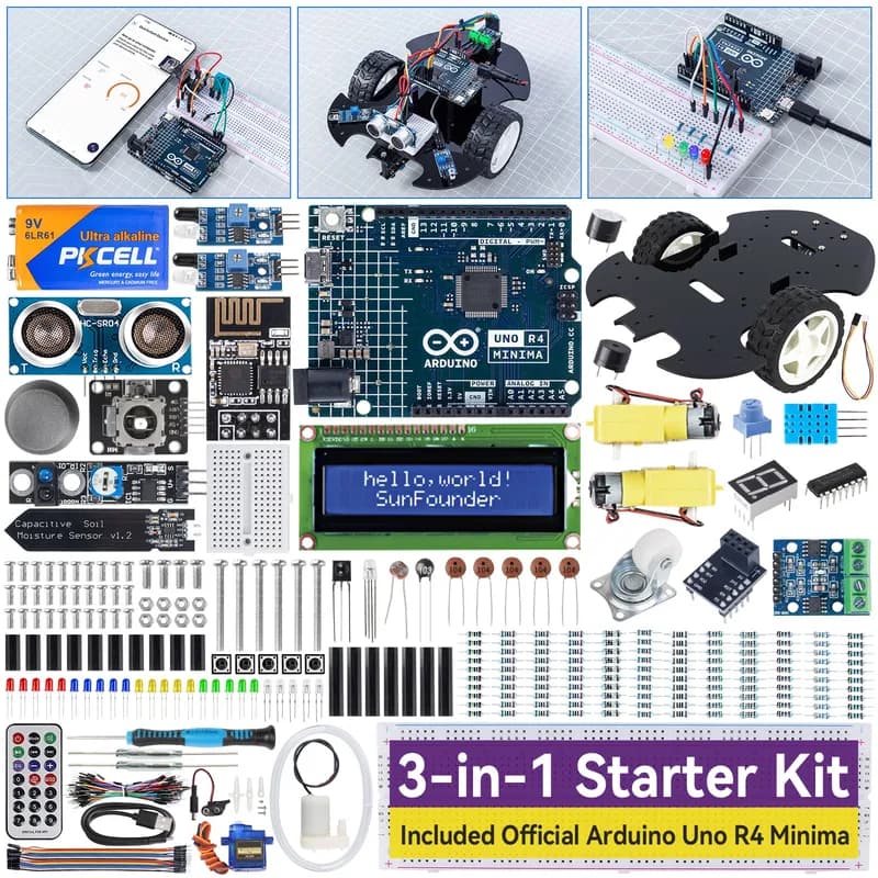 Супер стартовый комплект SunFounder 3-в-1 с оригинальным Arduino Uno R4 Minima, проектами IoT и Smart Car, ESP8266 WiFi, аккумулятором, более 50 пошаговыми руководствами для начинающих и инженеров, соответствие RoHS