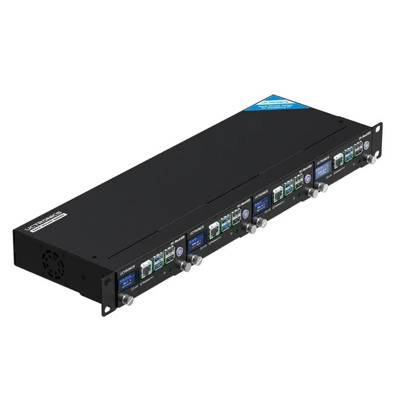 Uctronics Rack Pro для Pi 5 – 19 дюймов, 1U, крепление в стойку с 4 базами M.2 и ЖК-дисплеями
