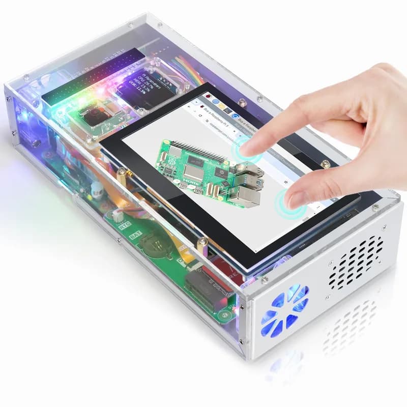 Комплект компьютерного чехла Freenove для Raspberry Pi 5, твердотельный накопитель M.2 NVMe емкостью 128 ГБ, 4,3-дюймовый сенсорный экран, 5-мегапиксельная камера, OLED-экран, стереодинамики, 3,5 мм и оптический аудиосигнал (S/PDIF)