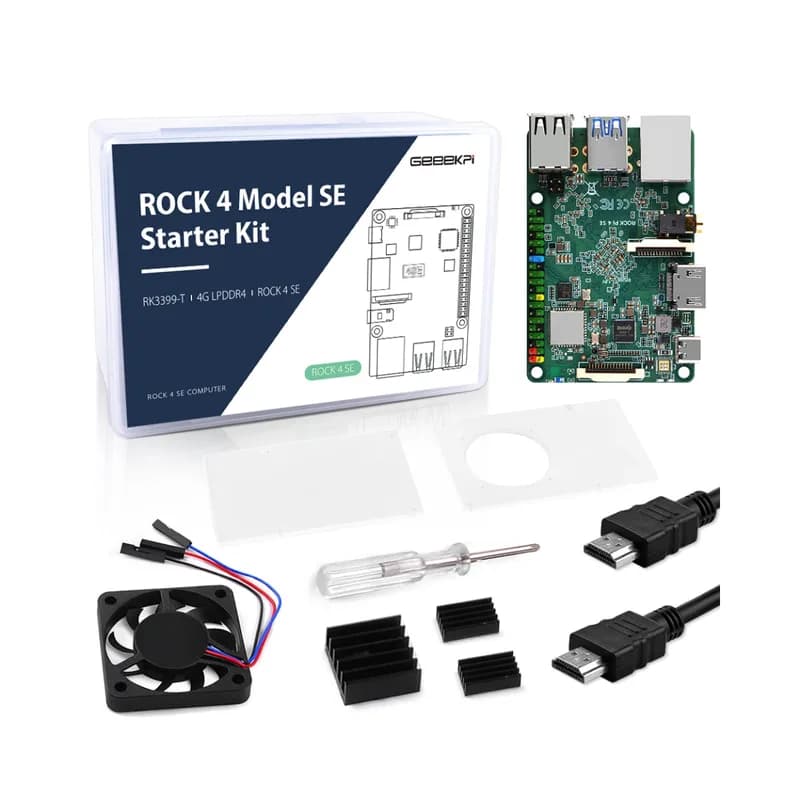 52Pi Rock Pi 4 Model SE Стартовый комплект с одноплатным компьютером Rock Pi 4 SE 4 ГБ, корпусом Rock Pi 4 SE, ШИМ-вентилятором Rock Pi 4 SE 4007 с регулировкой скорости и радиаторами Rock Pi 4 SE